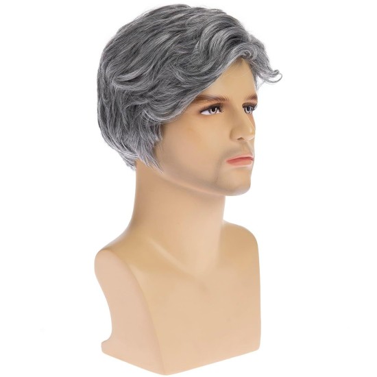 New Men's Gray Side-Part Short Wig for Mature Men, Fashionable, Voluminous, Natural Synthetic Hairpiece