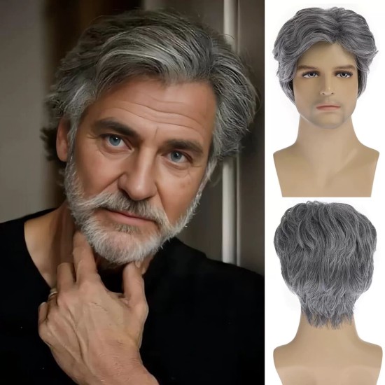 New Men's Gray Side-Part Short Wig for Mature Men, Fashionable, Voluminous, Natural Synthetic Hairpiece