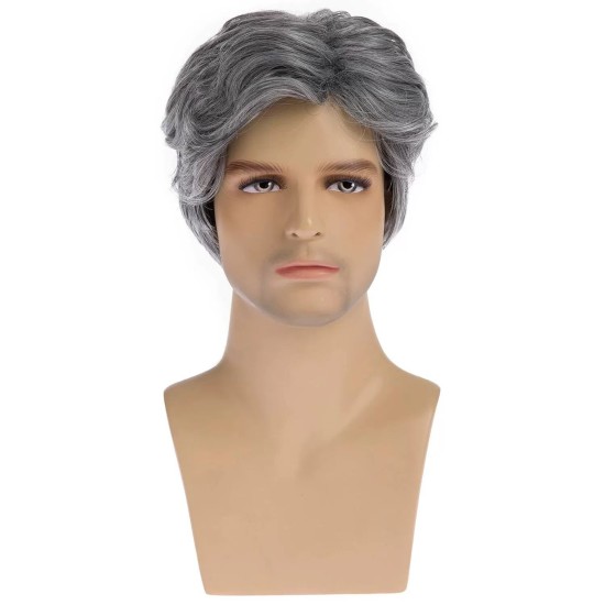 New Men's Gray Side-Part Short Wig for Mature Men, Fashionable, Voluminous, Natural Synthetic Hairpiece