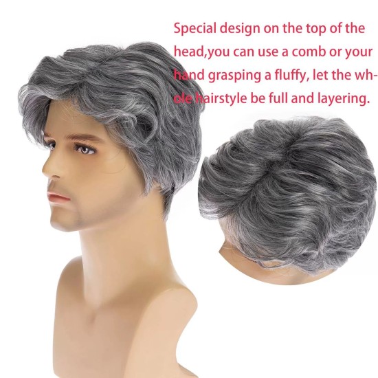 New Men's Gray Side-Part Short Wig for Mature Men, Fashionable, Voluminous, Natural Synthetic Hairpiece