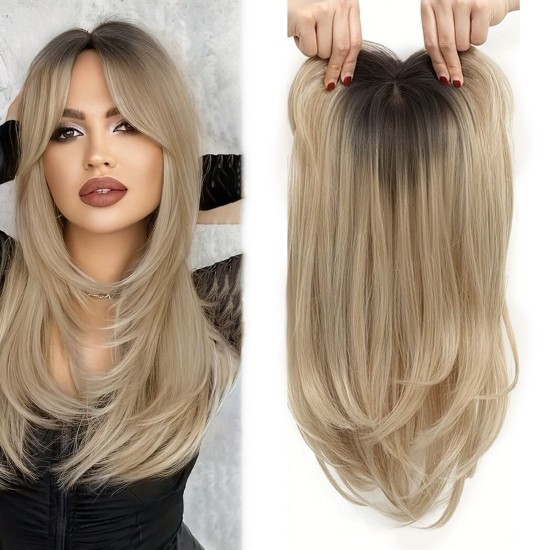 Women's Graduated Curtain Bangs Lace Front Hair System for Hairline Repair, Synthetic Long Curly Hairpiece, Breathable Natural Volume Adder