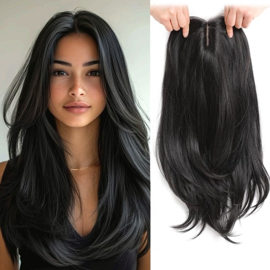 Women's Graduated Curtain Bangs Lace Front Hair System for Hairline Repair, Synthetic Long Curly Hairpiece, Breathable Natural Volume Adder