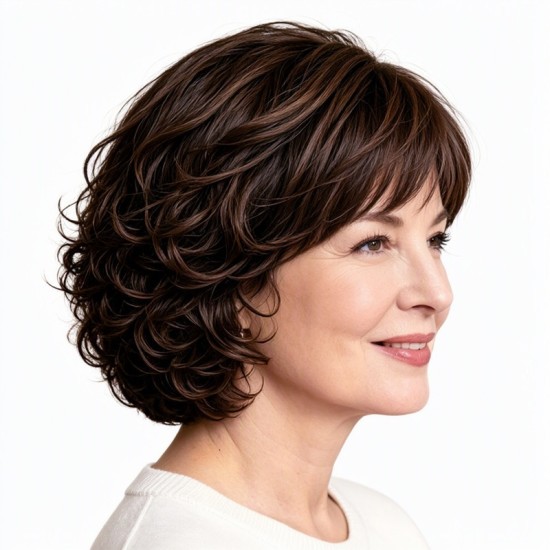Women's Synthetic Fiber Curly Wig with Side-Swept Bangs Full Head Cap for Mom