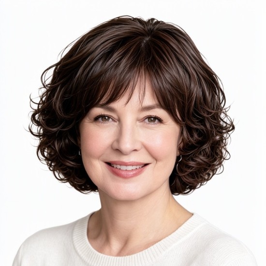 Women's Synthetic Fiber Curly Wig with Side-Swept Bangs Full Head Cap for Mom