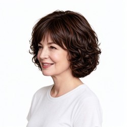 Women's Synthetic Fiber Curly Wig with Side-Swept Bangs Full Head Cap for Mom