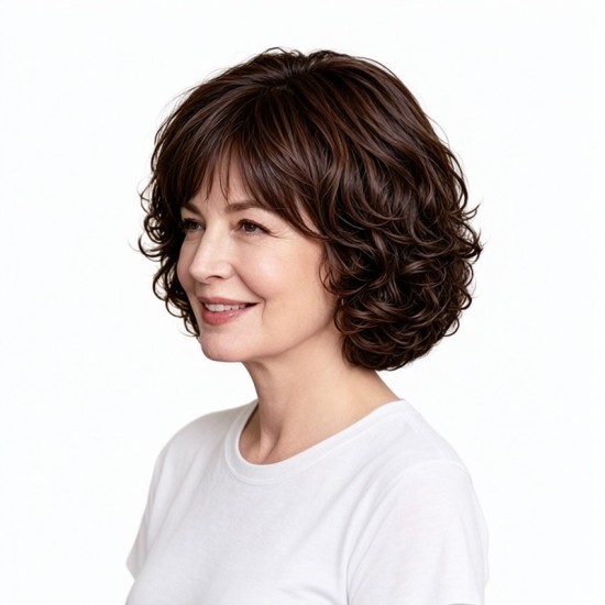Women's Synthetic Fiber Curly Wig with Side-Swept Bangs Full Head Cap for Mom