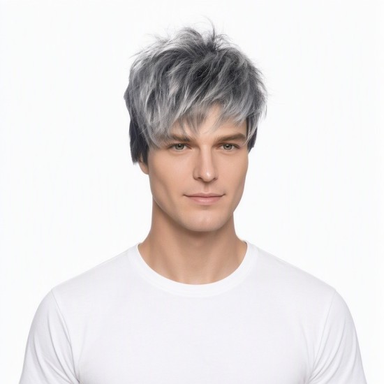 Men's Short Hair Wig, Mixed Color Textured Fluffy Straight Style, Stylish Synthetic Fiber Headpiece