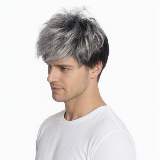 Men's Short Hair Wig, Mixed Color Textured Fluffy Straight Style, Stylish Synthetic Fiber Headpiece