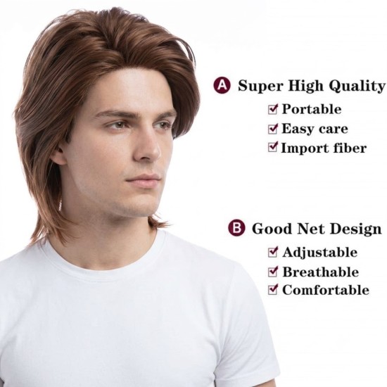 Men's Brown Synthetic Layered Mid-Length Wig Topper for Daily Wear - Natural Short Style
