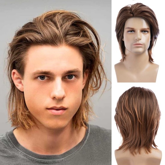 Men's Fashion Mid-Length Synthetic Wig in Brown with Layered Styling