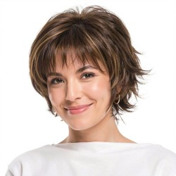 Natural Dark Brown Deep Curly Short Bob Wigs with Straight Bangs for Women - Fluffy Outward Curling