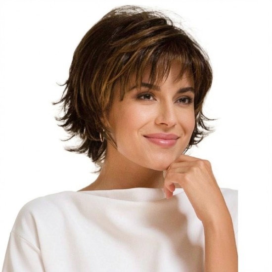 Natural Dark Brown Deep Curly Short Bob Wigs with Straight Bangs for Women - Fluffy Outward Curling