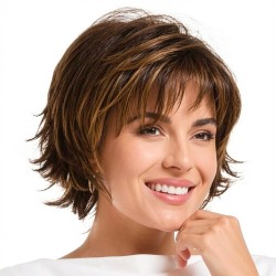 Natural Dark Brown Deep Curly Short Bob Wigs with Straight Bangs for Women - Fluffy Outward Curling