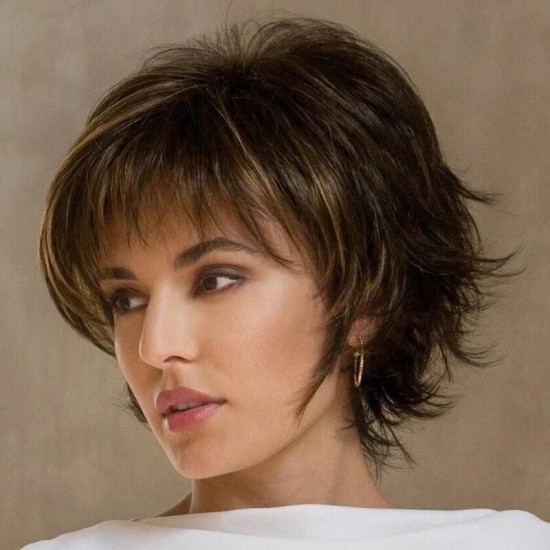 Women's Deep Brown Short Bob Wig with Fluffy Bangs, Curly Ends, Single Piece