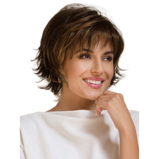 Women's Deep Brown Short Bob Wig with Fluffy Bangs, Curly Ends, Single Piece