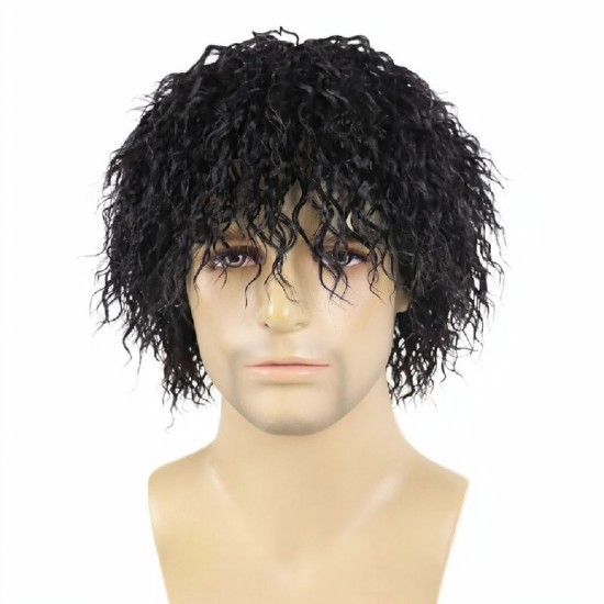 Men's and Women's Curly Wig with Tin Foil Perm Style, Full Head Synthetic Short Curly Hairpiece