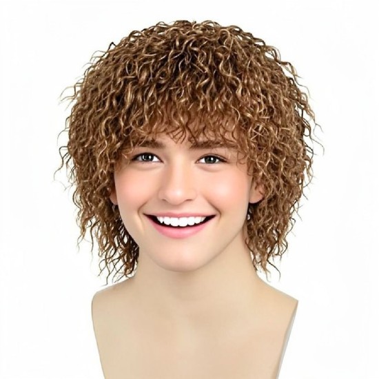 Men's and Women's Curly Wig with Tin Foil Perm Style, Full Head Synthetic Short Curly Hairpiece