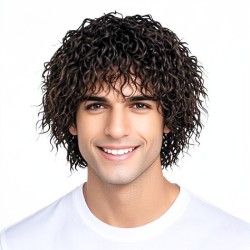 Men's and Women's Curly Wig with Tin Foil Perm Style, Full Head Synthetic Short Curly Hairpiece