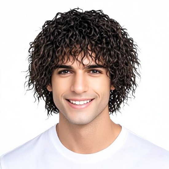 Men's and Women's Curly Wig with Tin Foil Perm Style, Full Head Synthetic Short Curly Hairpiece