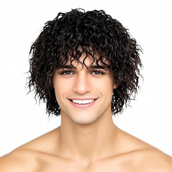 Men's and Women's Curly Wig with Tin Foil Perm Style, Full Head Synthetic Short Curly Hairpiece