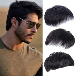 Men's Short Natural Invisible Hair Pieces, Thin Light Weft Topper, Curled Textured Topper for Short Hair