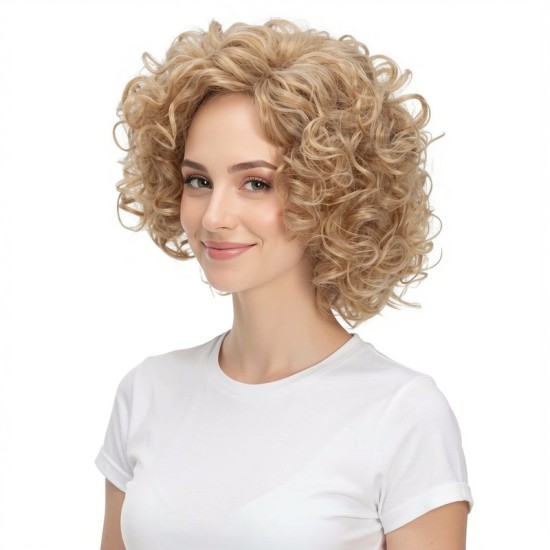 Fashionable Gold Short Curly Hair | Synthetic Curly Hair Cap