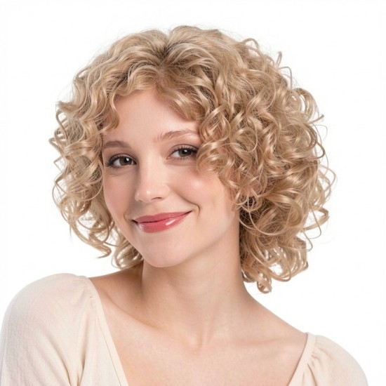 Fashionable Gold Short Curly Hair | Synthetic Curly Hair Cap