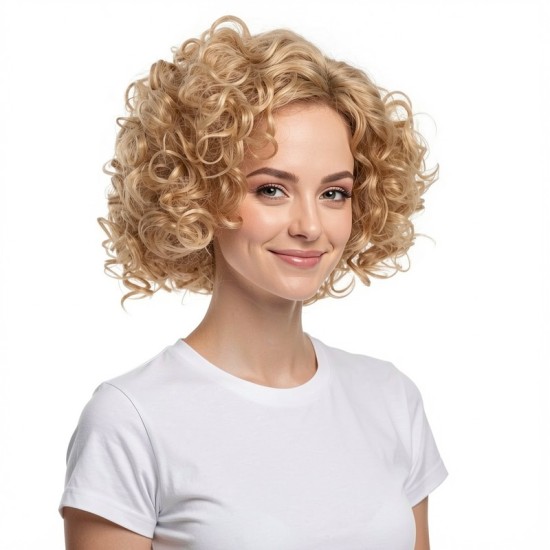 Fashionable Gold Short Curly Hair | Synthetic Curly Hair Cap