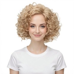 Fashionable Gold Short Curly Hair | Synthetic Curly Hair Cap