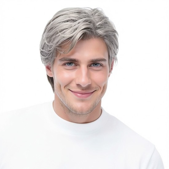 Men's Wigs | Stylish Voluminous Short Hair | Grey Synthetic Cap