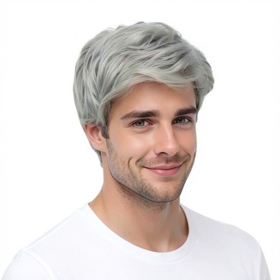 Men's Wigs | Stylish Voluminous Short Hair | Grey Synthetic Cap