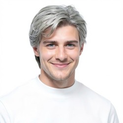 Men's Wigs | Stylish Voluminous Short Hair | Grey Synthetic Cap