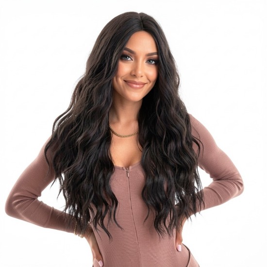 Center-Parted Large Wavy Long Hair | Honey Amber Brown | Realistic Full Wig