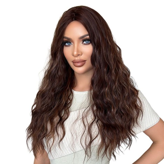 Center-Parted Large Wavy Long Hair | Honey Amber Brown | Realistic Full Wig