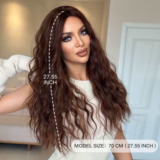 Center-Parted Large Wavy Long Hair | Honey Amber Brown | Realistic Full Wig