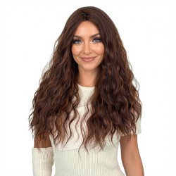 Center-Parted Large Wavy Long Hair | Honey Amber Brown | Realistic Full Wig
