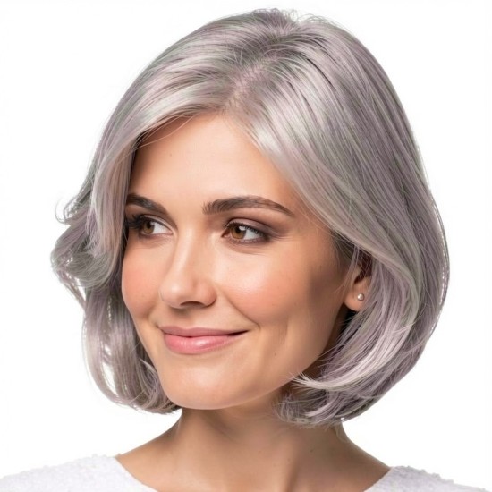 Short Silver Gray Wavy Bob Wig for Elderly Women, Bouncy and Realistic