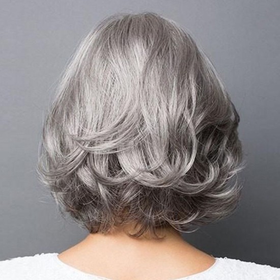 Short Silver Gray Wavy Bob Wig for Elderly Women, Bouncy and Realistic