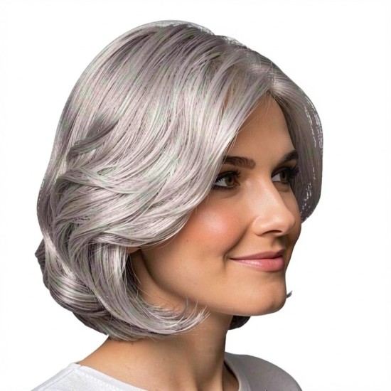 Short Silver Gray Wavy Bob Wig for Elderly Women, Bouncy and Realistic