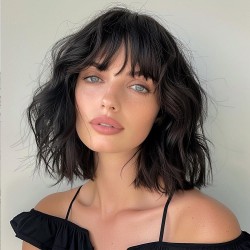Women's Shoulder-Length Bob Wig with Bangs, Water-Wave Short Curly Lace Front Human Hair Piece, Cross-border Padded Volume Style