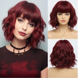 Women's Shoulder-Length Bob Wig with Bangs, Water-Wave Short Curly Lace Front Human Hair Piece, Cross-border Padded Volume Style