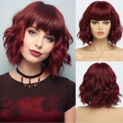 Women's Shoulder-Length Bob Wig with Bangs, Water-Wave Short Curly Lace Front Human Hair Piece, Cross-border Padded Volume Style