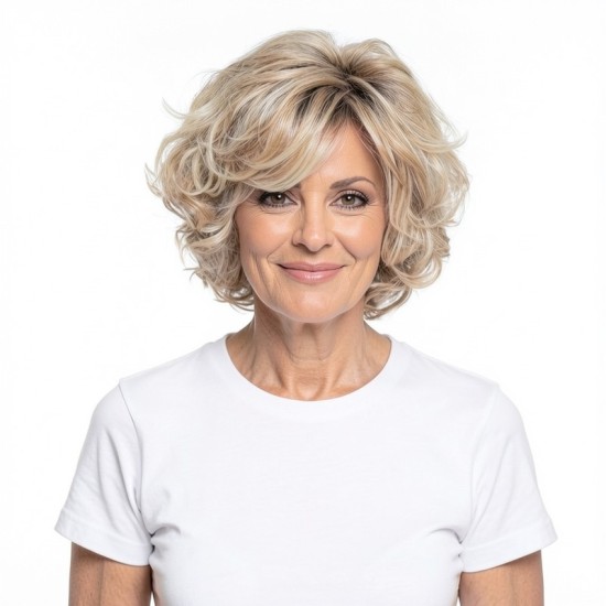Silver-White Mixed Color Synthetic Wig for Mature Women | Voluminous Romantic Curly Wig Cap