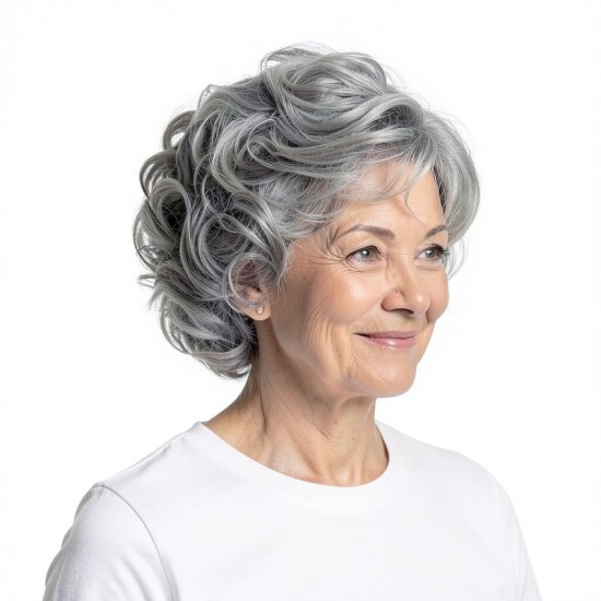 Silver-White Mixed Color Synthetic Wig for Mature Women | Voluminous Romantic Curly Wig Cap