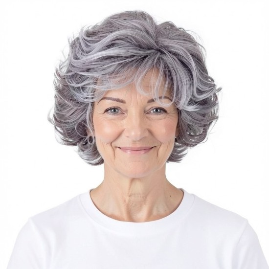 Silver-White Mixed Color Synthetic Wig for Mature Women | Voluminous Romantic Curly Wig Cap
