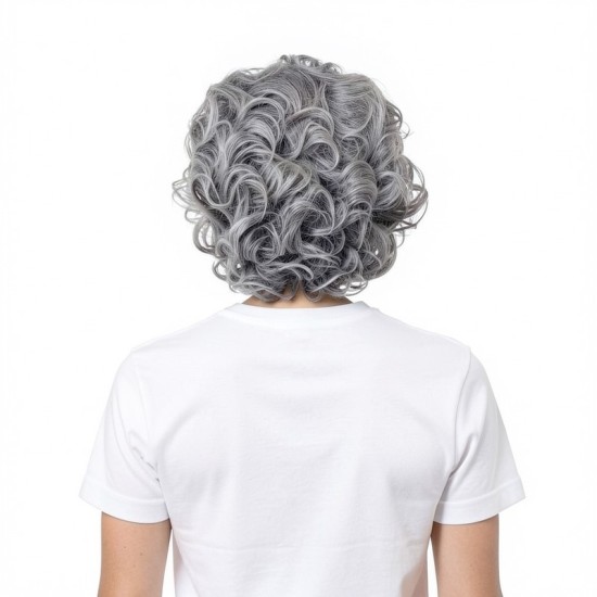 Silver-White Mixed Color Synthetic Wig for Mature Women | Voluminous Romantic Curly Wig Cap