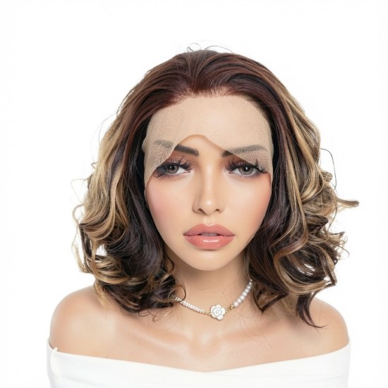 13x4 Lace Front Wig - Body Wave Brown & Blonde Mix Synthetic Curly Wig