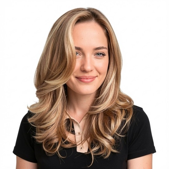Gold Multi-layered Long Curly Hair | With Curtain Bangs Wig Cap