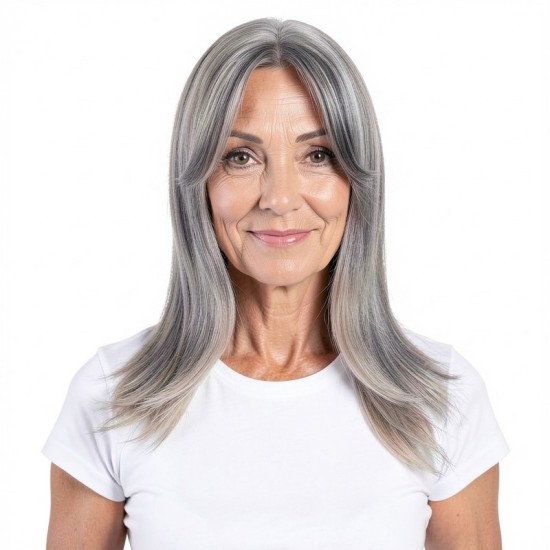 Women's Long Straight Wig | Center Part with Bangs | Ash Gray | Synthetic Full Wig Cap