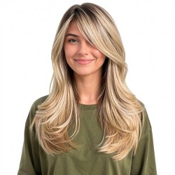 Natural Realistic Center Part Mid-Length Honey Blonde Wig with Soft Curls and Outward Flip Ends